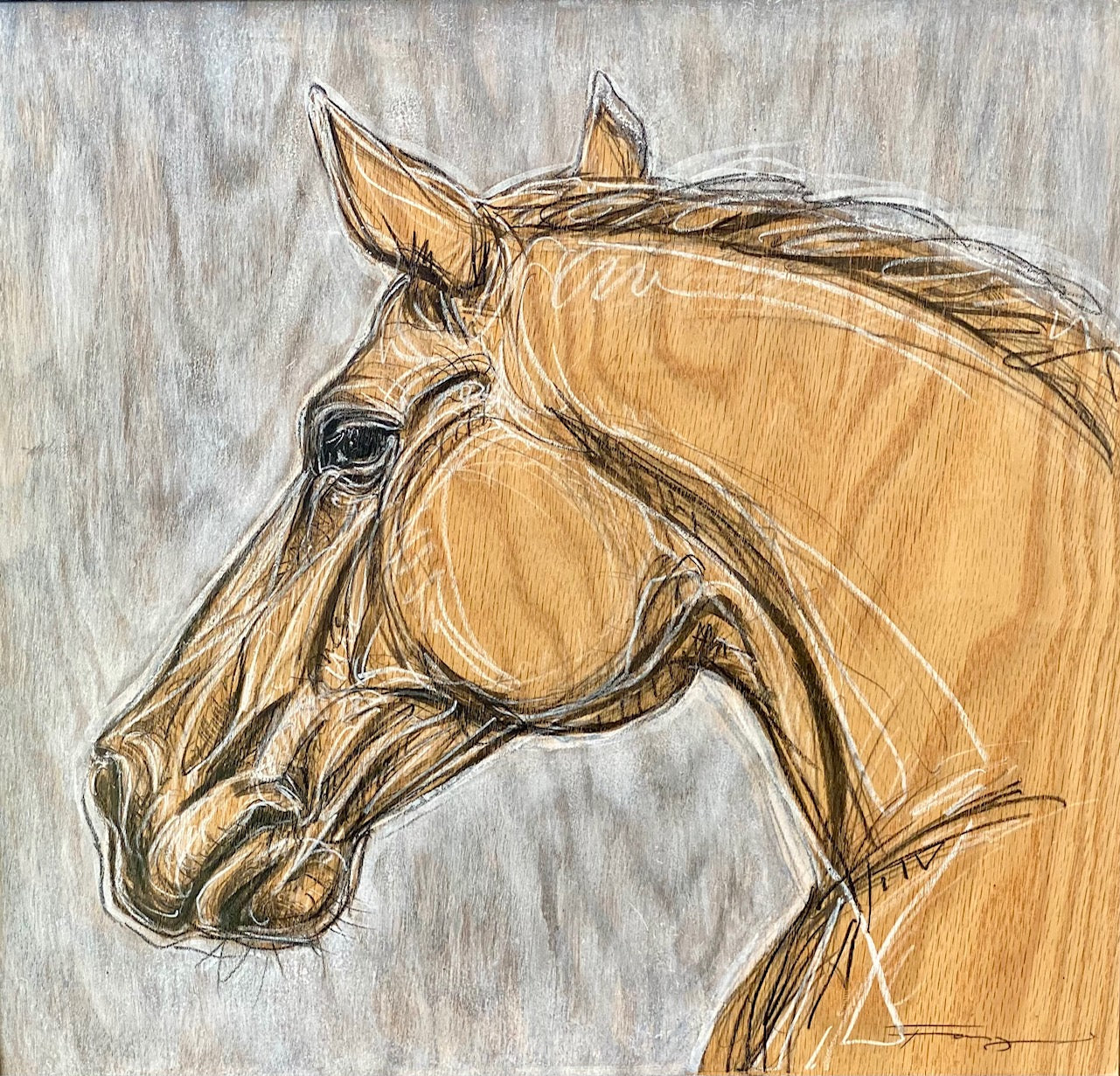 Equine Sketch on wood #2214 - Original Horse Art on Wood